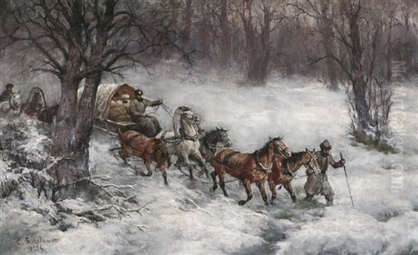 Russische Soldaten Mit Ihrem Vierergespann Im Winterlichen Wald Oil Painting by Carl Suhrlandt