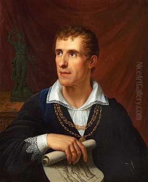 Portraet Af Billedhuggeren Antonio Canova I Skt. Lucca Akademiets Dragt, I Handen Holder Han En Tegning Forestillende En Af Hans Mest Beromte Skulpturer De Tre Gratier Oil Painting by Rudolph Friedrich Suhrlandt