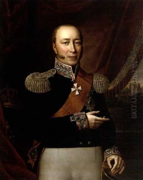 Portrait Of Friedrich Franz I, Grand Duke Of Mecklenburg-schwerin, Wearing The Black Uniform Of The Mecklenburg Infantry, A Sash And Badge Of The Order Of The Black Eagle Of Prussia Oil Painting by Rudolph Friedrich Suhrlandt