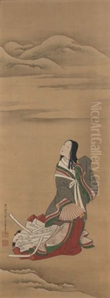 Jeune Femme Avec Un Long Kimono Gris, Vert Et Rouge Avec Un Eventail Admirant Un Paysage Oil Painting by Nishikawa Sukenobu