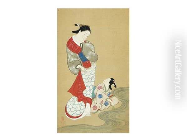 Beauties Washing A Tea Whisk Oil Painting by Nishikawa Sukenobu