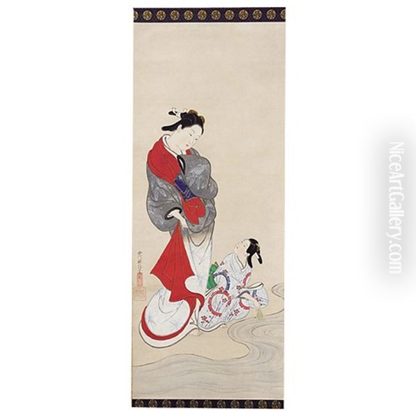 Mizube Nibijin Zu Oil Painting by Nishikawa Sukenobu