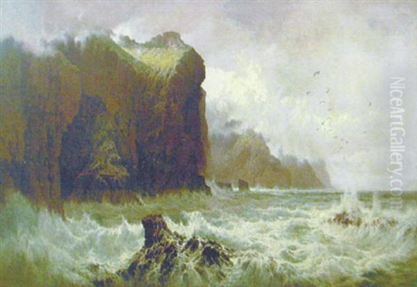 Upprord Sjo Vid Klippig Kust Oil Painting by Arthur Suker