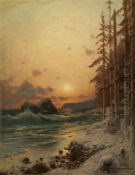 The Northern Coast In Winter Oil Painting by Petr Alexanderovich Sukhodol'sky