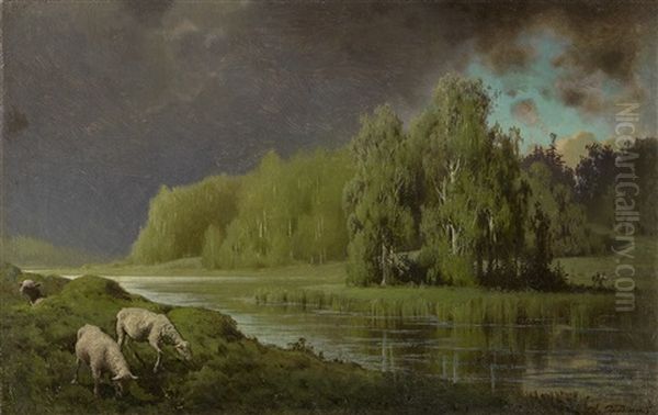 Approaching Storm, Sheep On A River Bank Oil Painting by Petr Alexanderovich Sukhodol'sky