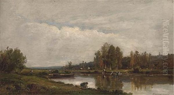 Washerwomen On The Banks Of A River Oil Painting by Petr Alexanderovich Sukhodol'sky