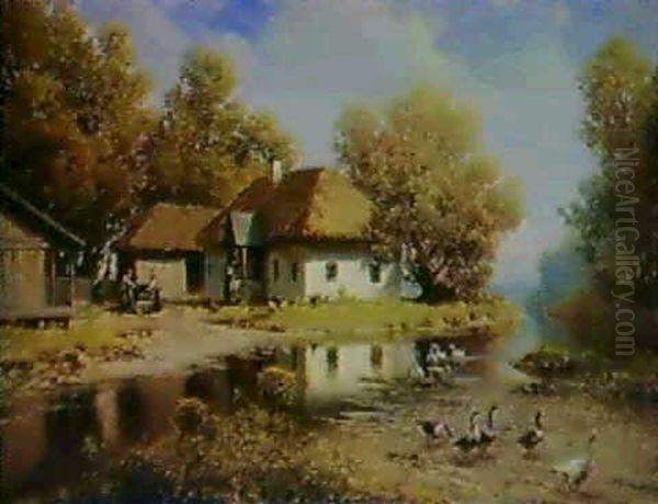 A Ukrainian Farmhouse By A River Oil Painting by Petr Alexanderovich Sukhodol'sky