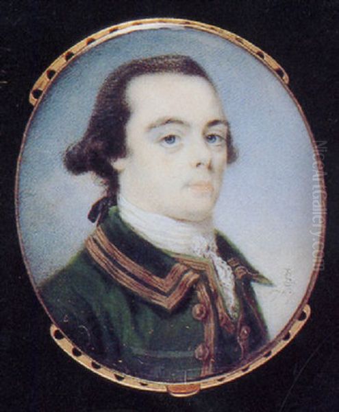 A Gentleman, In Green Jacket With Gold Buttons And Edging, Matching Waistcoat, White Lace Stock, His Dark Hair En Queue Oil Painting by Luke Sullivan