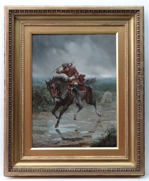 Military Despatch Rider At Full Tilt Across Wind And Rain Swept Heathland Oil Painting by William Holmes Sullivan