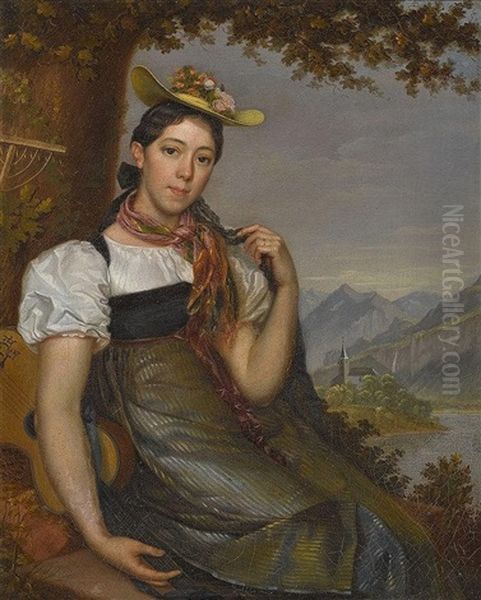 Junge Bauerin Mit Gitarre Vor Alpiner Landschaft Oil Painting by David Sulzer