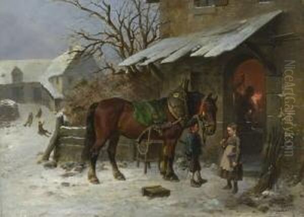 Zwei Kinder Im Gesprach Vor Der
 Schmiede Oil Painting by Reinhold Braun