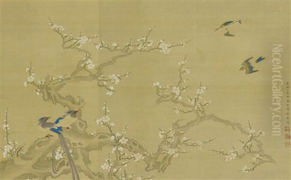 Magpies And Plum Blossoms Oil Painting by  Sun Yi