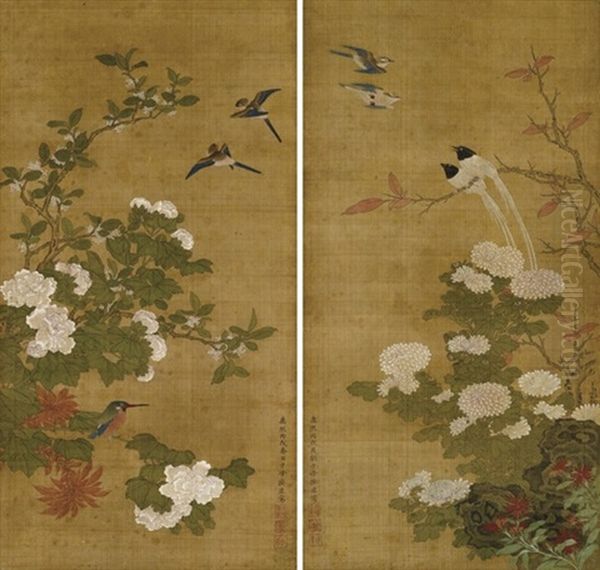 Birds And Blossoms (+ Another; Pair) Oil Painting by  Sun Yi