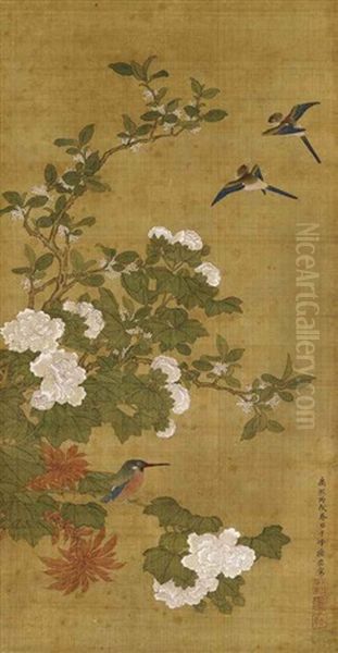 Birds And Blossoms (pair) Oil Painting by  Sun Yi