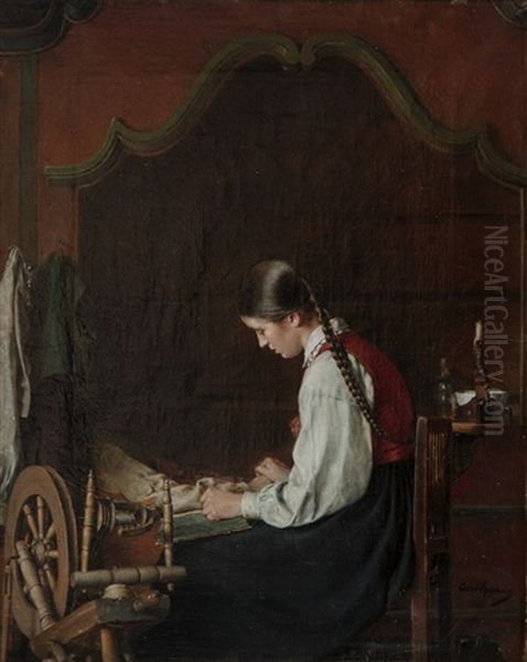 Reading Girl In An Interior Oil Painting by Karl Frederick Sundt-Hansen