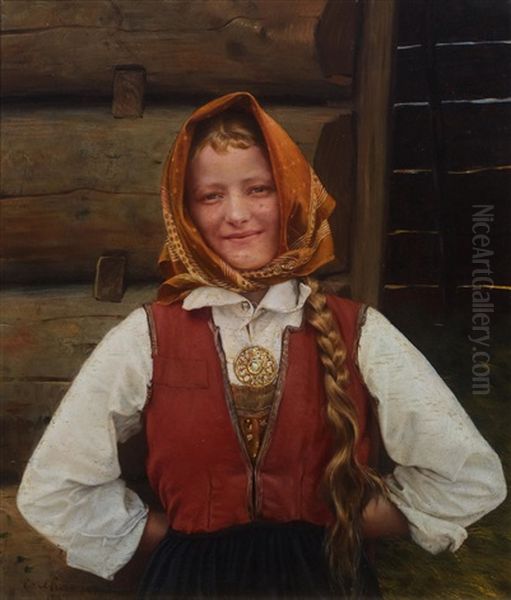 Young Woman In Rural Costume Oil Painting by Karl Frederick Sundt-Hansen