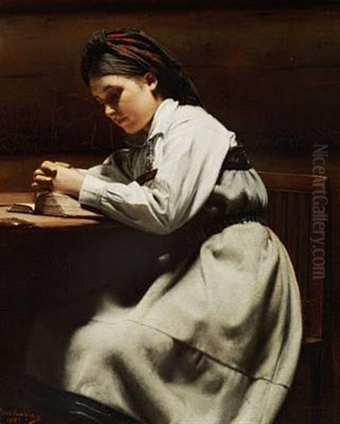 Young Girl Praying, Setesdal, Norway Oil Painting by Karl Frederick Sundt-Hansen