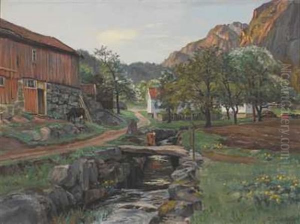 Gardstun Med Dyr Og Elv Oil Painting by Thoralv Sundt-Ohlsen