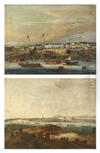 Canton, A View Of The Hongs After (+ A View Of Whampoa Anchorage; Pair) Oil Painting by  Sunqua