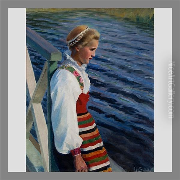 Girl In Folk Costume Oil Painting by Hanna Suomalainen