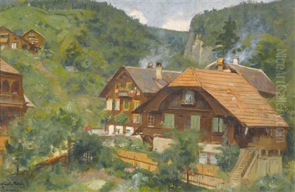 Bauernhauser Von Hunibach Bei Thun Oil Painting by Gustave Surand