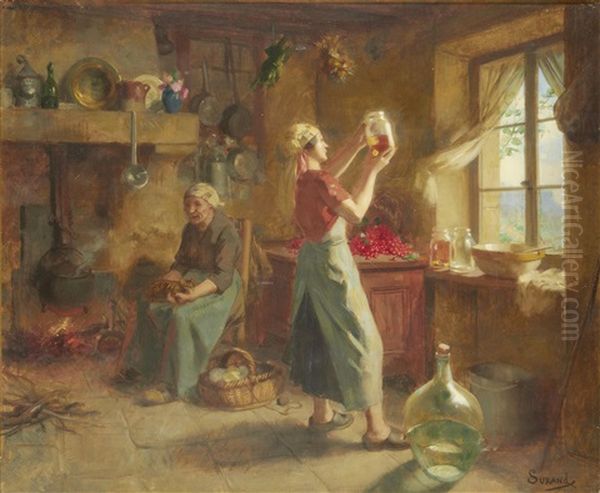 Domestic Scene With Women And Cherries Oil Painting by Gustave Surand