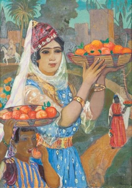 Femme Portant Des Oranges Devant Les Remparts De Mansourah, Tlemcen Oil Painting by Andre Sureda