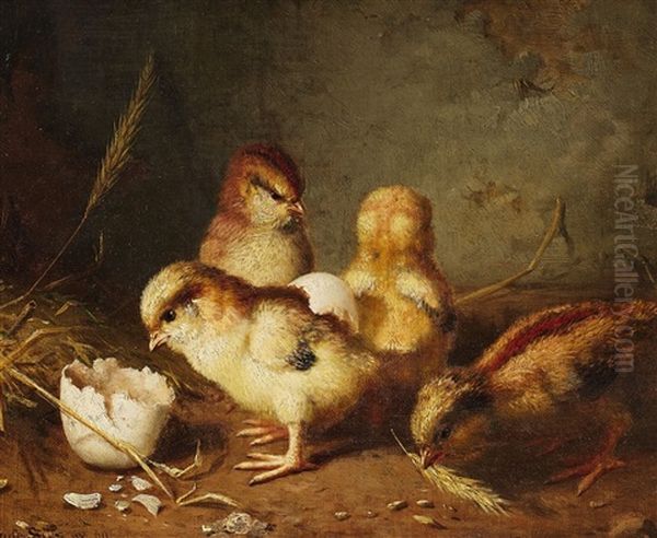 Four Chicks Oil Painting by Gustav Sues