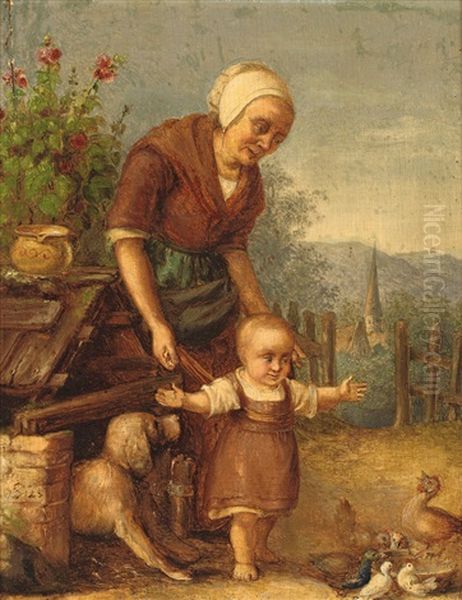 Mutter Mit Kleinkind Im Huhnerhof, Im Hintergrund Kirchdorf by Gustav Sues