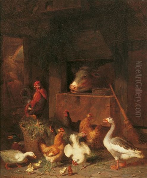 Stallinterieur Mit Huhnern Und Einem Schwein Im Koben Oil Painting by Gustav Sues