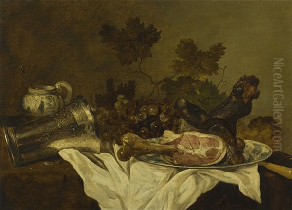 Still Life With A Ham On A Wan-li Kraak Dish, A Fallen Silver Beaker, A Mustard Jar And Grapes, All On A Table Draped With A White Cloth Oil Painting by Abraham Susenier