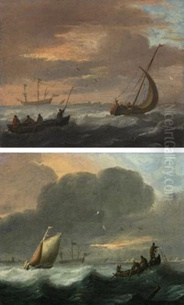 A Small Vessel Running Before A Stiff Breeze In A Choppy Sea And Lowering Sail, And A Rowing Boat (+ A Smalschip Close Hauled And Fishermen In A Rowing Boat Pulling In Nets In A Choppy Sea; Pair) Oil Painting by Abraham Susenier