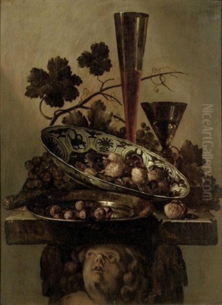 A Porcelain Bowl With Walnuts, A Pewter Dish With Hazelnuts And A 'facon De Venise', All On A Cherub Styled Pedestal Oil Painting by Abraham Susenier