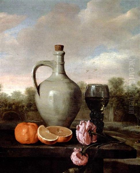 Stentojskande, Romer, Appelsiner Og Roser Pa En Karm I Et Landskab Oil Painting by Abraham Susenier