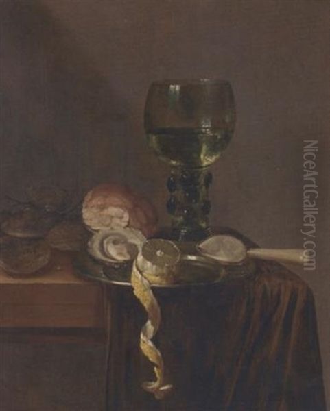 Oysters And A Partly-peeled Lemon On A Pewter Dish, A Roemer, Bread And Other Oysters On A Partly-draped Table Oil Painting by Abraham Susenier