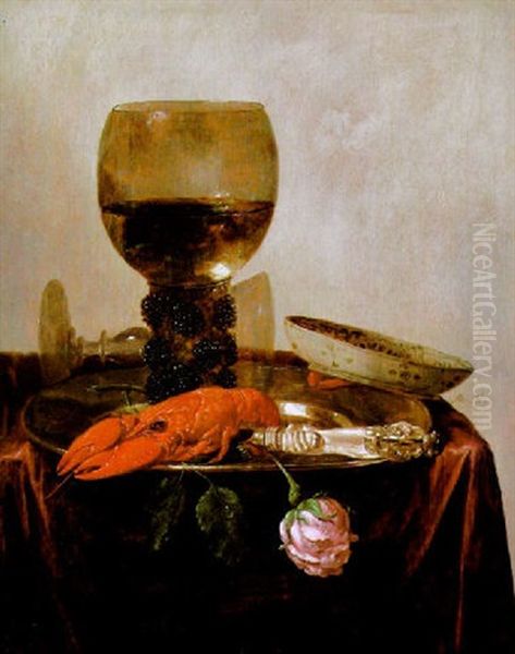 Stilleben Mit Gefulltem Weinglas, Hummer Und Einer Rose Oil Painting by Abraham Susenier