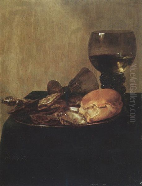 Still Life Of Bread And Oysters On A Pewter Dish With A Roemer And An Overturned Wineglass Upon A Draped Table-top Oil Painting by Abraham Susenier