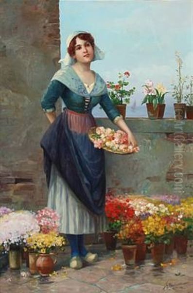 A Woman Sells Flowers Oil Painting by Josef Johann Suess