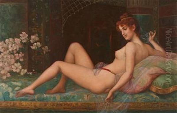 A Lying Female Model Oil Painting by Josef Johann Suess