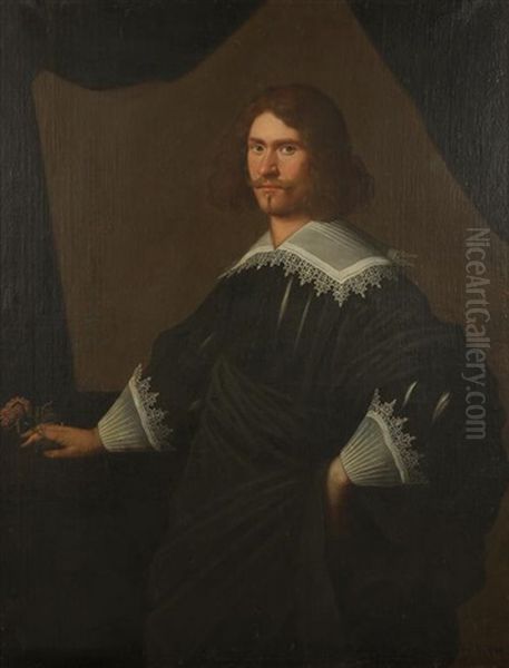 A Portrait Of A Gentleman Standing Three-quarter Length In An Interior With His Hand Holding A Flower And Resting On A Table Oil Painting by Justus Sustermans