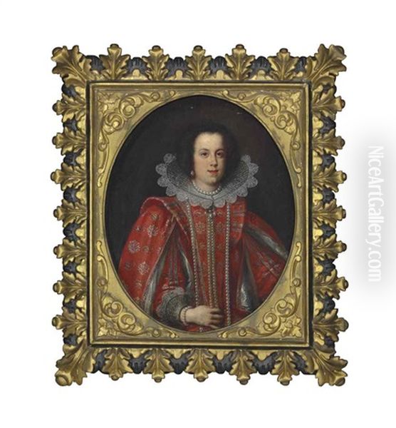 Portrait Of Vittoria Della Rovere, Grand Duchess Of Tuscany (1622-1694), Half-length, In A Red Embroidered Dress With Pronounced Shoulder Wings And A Lace Ruff, A Pearl Necklace And Earrings Oil Painting by Justus Sustermans