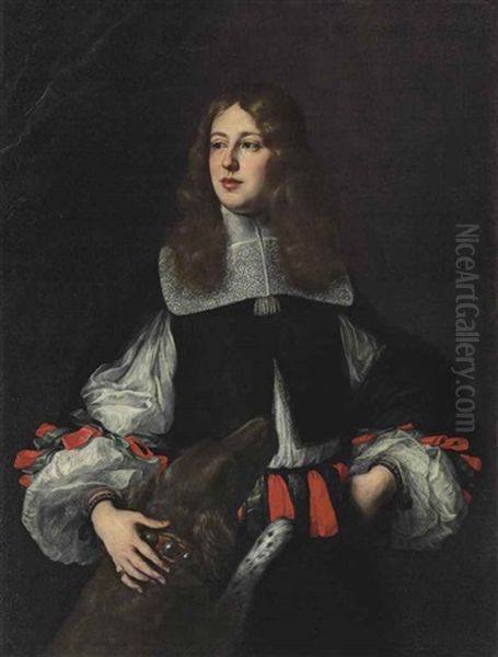 Portrait Of Orazio Piccolomini (1639-1678), Three-quarter-length, With A Dog Oil Painting by Justus Sustermans