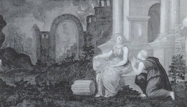 Mythologische Szene Mit Zwei Frauen, Im Hintergrund Das Lodernde Feuer Der Holle Oil Painting by Friedrich Sustris