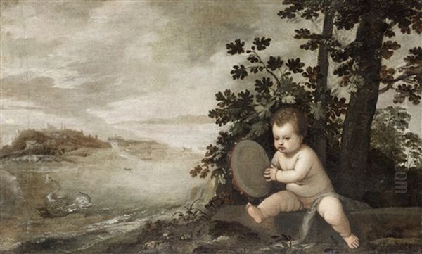 An Infant Holding A Tambourine Oil Painting by Lambert Sustris