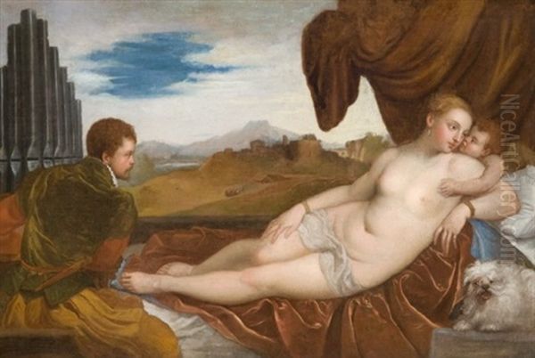 Venus Allongee Avec Un Joueur D'orgue (after Titian) Oil Painting by Lambert Sustris