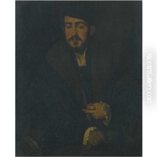 Portrait Of A Gentleman, Half Length, Wearing A Black Cap, A Fur Collar And Lace Cuffs Oil Painting by Lambert Sustris