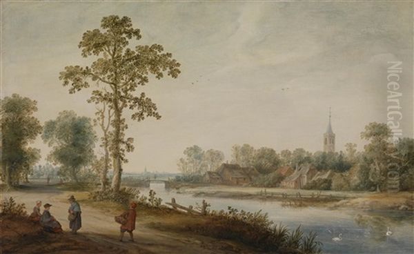 Kanallandschaft, Im Hintergrund Eine Stadt (haarlem Oder Leiden) Oil Painting by Reyer Claesz Suycker