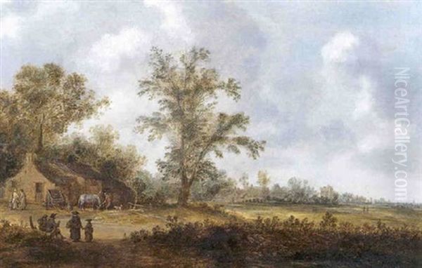 Paysage De La Campagne Hollandaise Avec Villageois S'affairant A Proximite D'une Ferme Oil Painting by Reyer Claesz Suycker