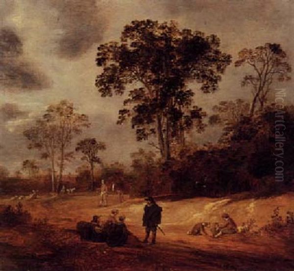 Wooded Landscape With Travellers Resting On A Path Oil Painting by Reyer Claesz Suycker