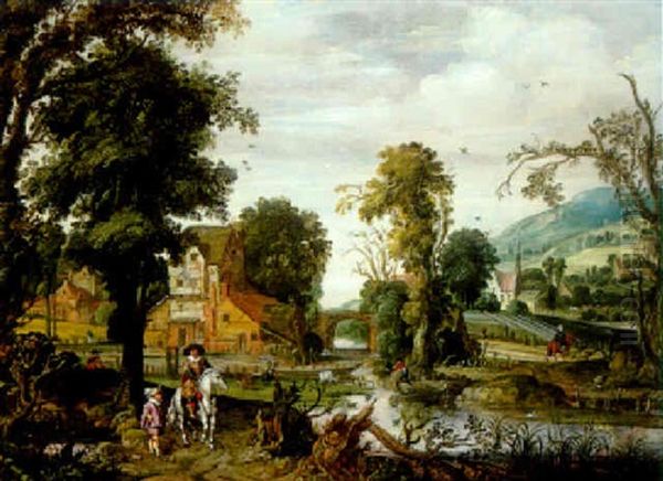 Paysage Fluvial Avec Cavalier Et Gentilhomme Sur Une Chemin Creux Oil Painting by Reyer Claesz Suycker